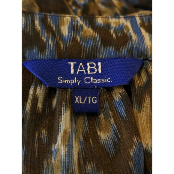 Tabi Sheer Top Blouse Womens XL Brown Blue Moody Abstract Print Drawstring Waist - Picture 3 of 3